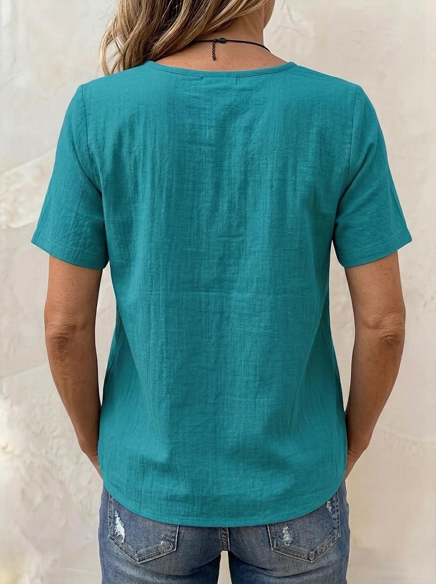 Women's Forest-Style Casual Linen Short-Sleeve Vintage V-Neck Lace-Trimmed Button-Up Loose Blouse