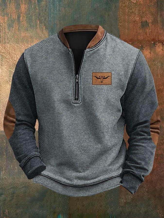 Men's Vintage Western Print Zipper Stand Collar Casual Sweatshirt-Comfort & Reliable