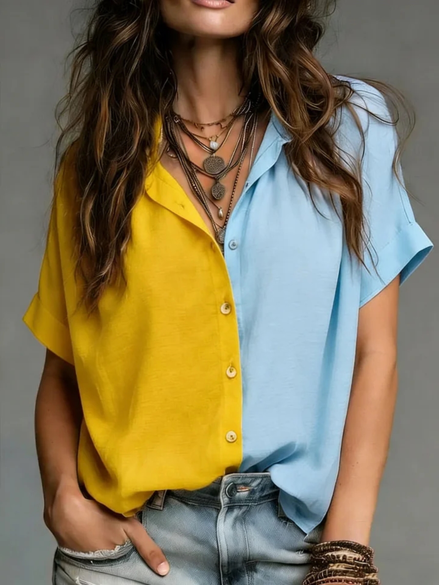 New Arrivals🔥Women's Cozy Minimalist Solid-color Color Blocking V-neck 100% Cotton Shirt