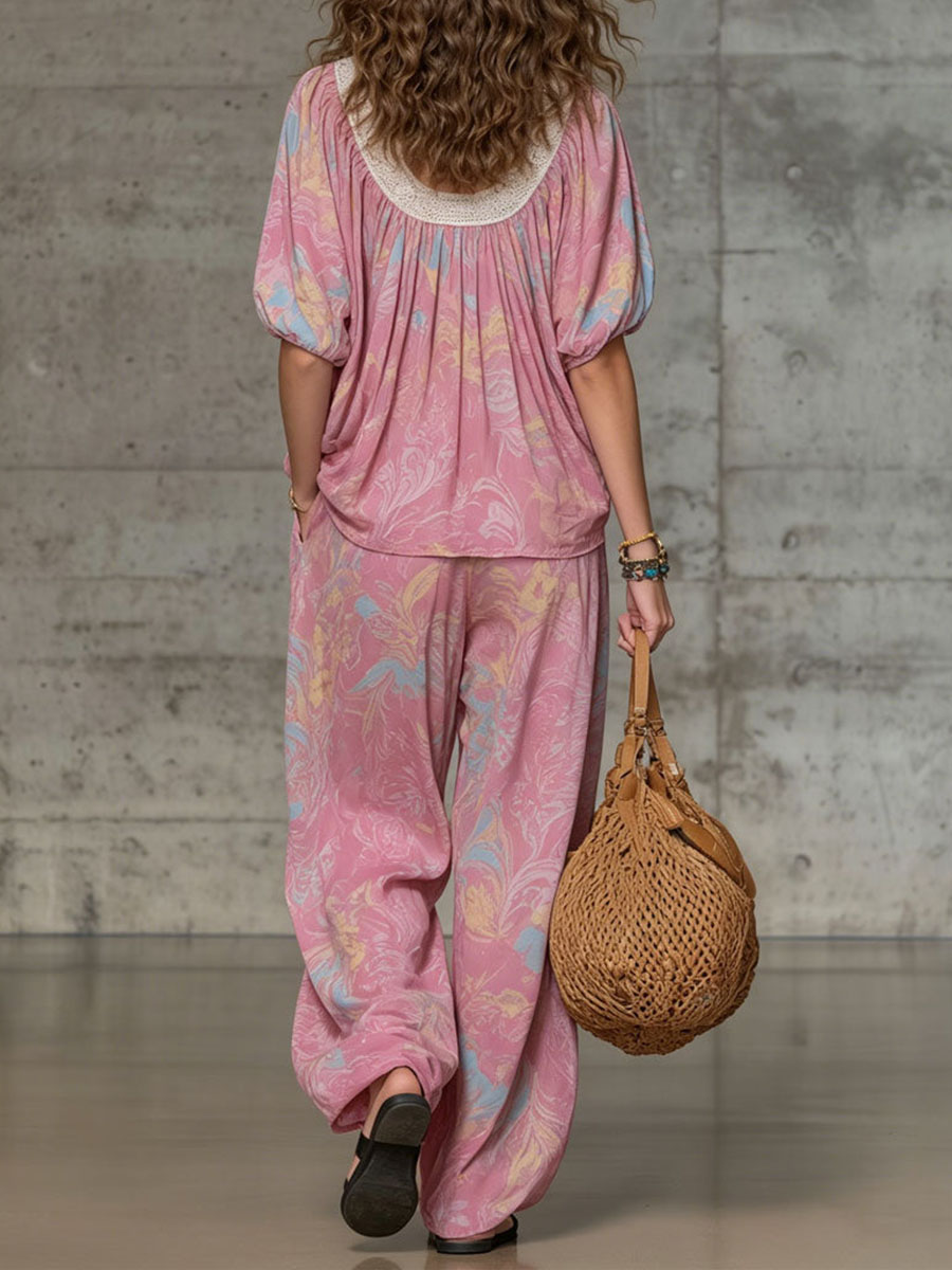 Women's Abstract Print V-neck Short-sleeve Loose-fit Top & Elastic-waist Wide-leg Pants Set
