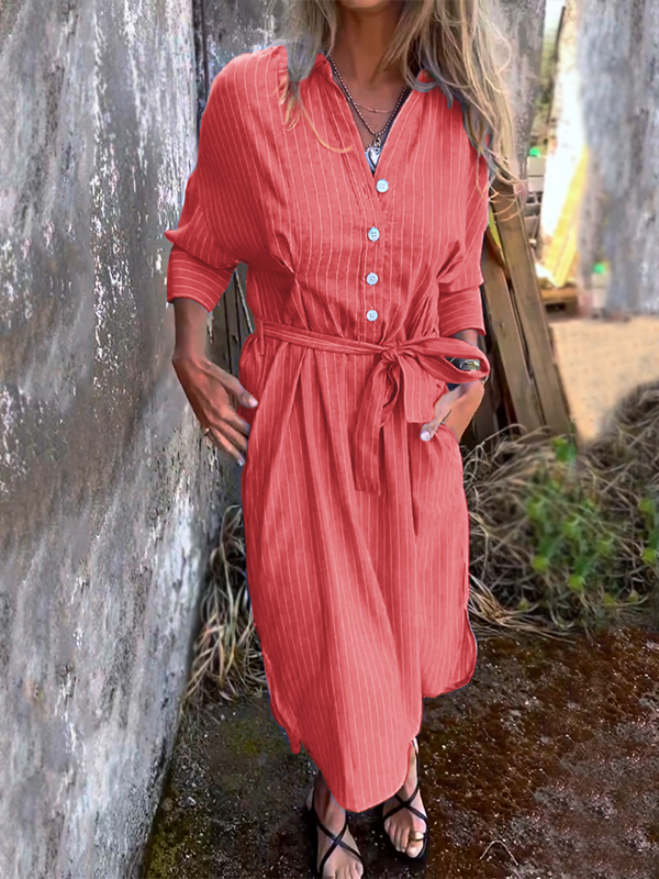 NEW🔥 Striped Lapel Button Down Belt Dress