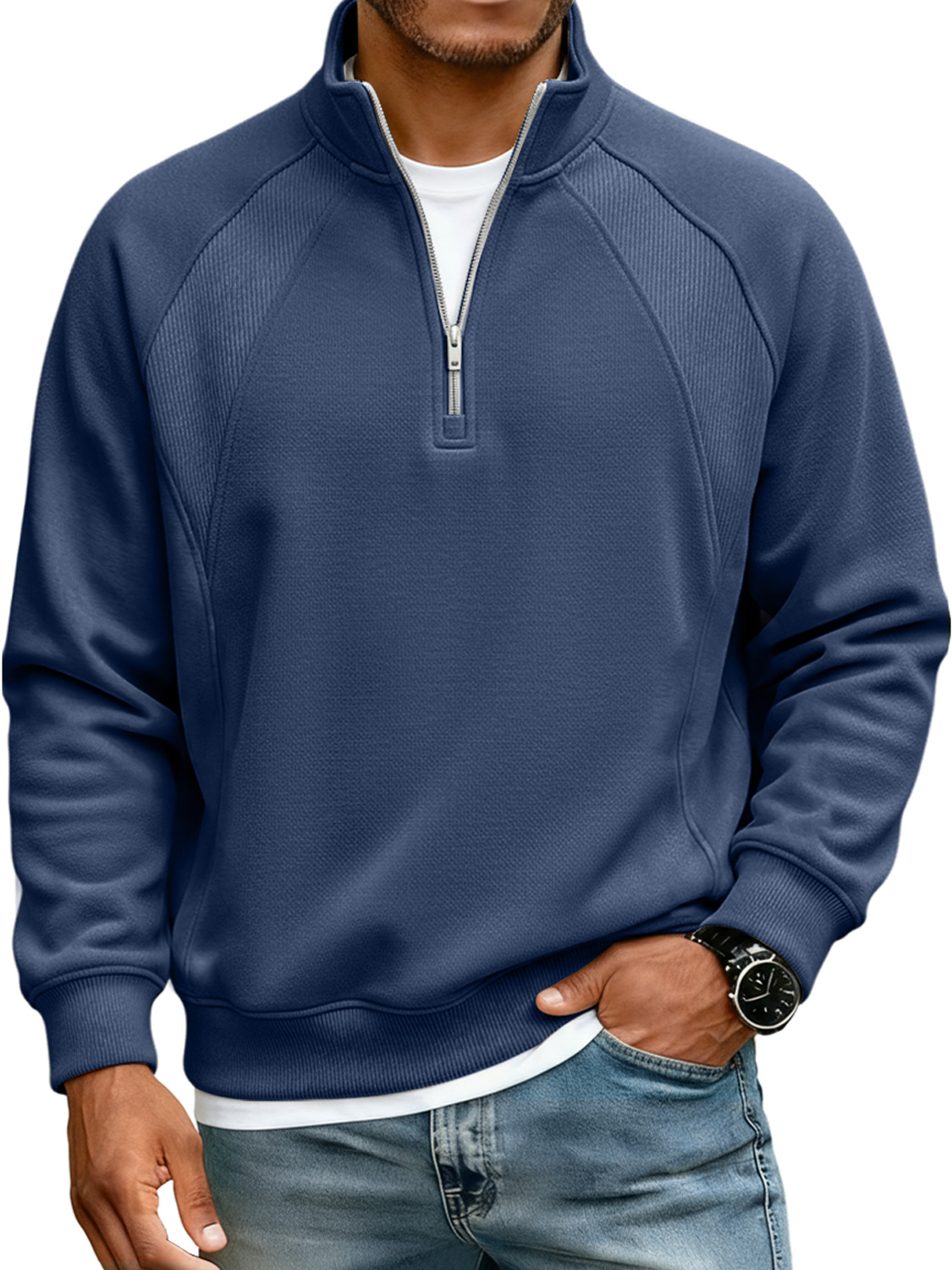 Men's Simple Raglan Stitching Stand Collar Zipper Casual Loose Sweatshirt-Comfort & Reliable