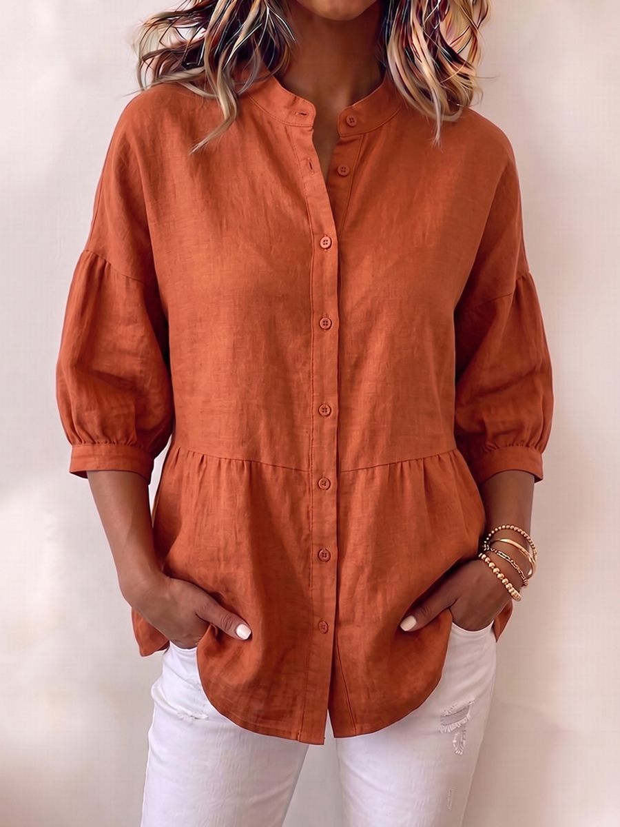 Casual Loose-fit Cotton-linen Blouse With Lantern Sleeves