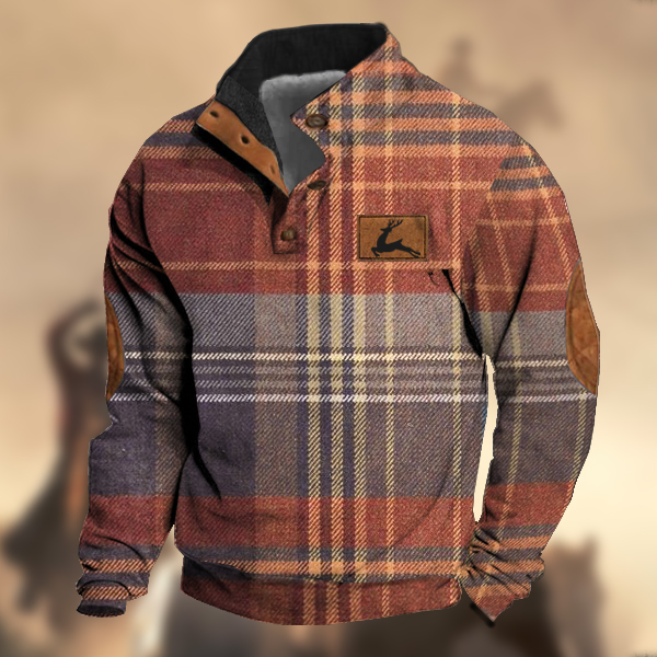 Men's Vintage Country Western Hunting Elk Watermelon Red Purple Wool Plaid Print Stand Collar Sweatshirt-Comfort & Reliable