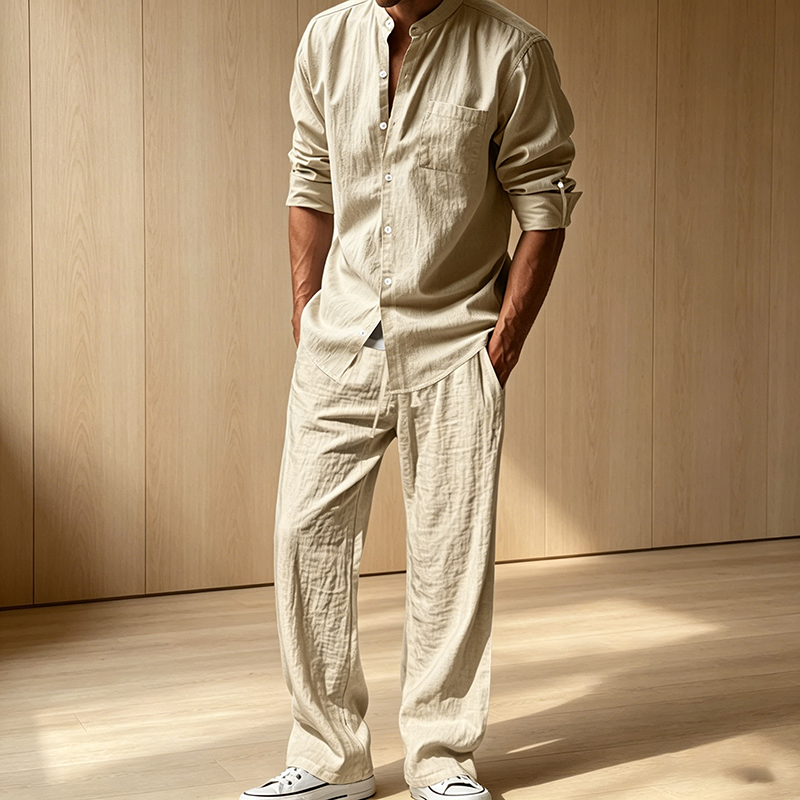 Men's linen casual two-piece set, lightweight summer beachwear