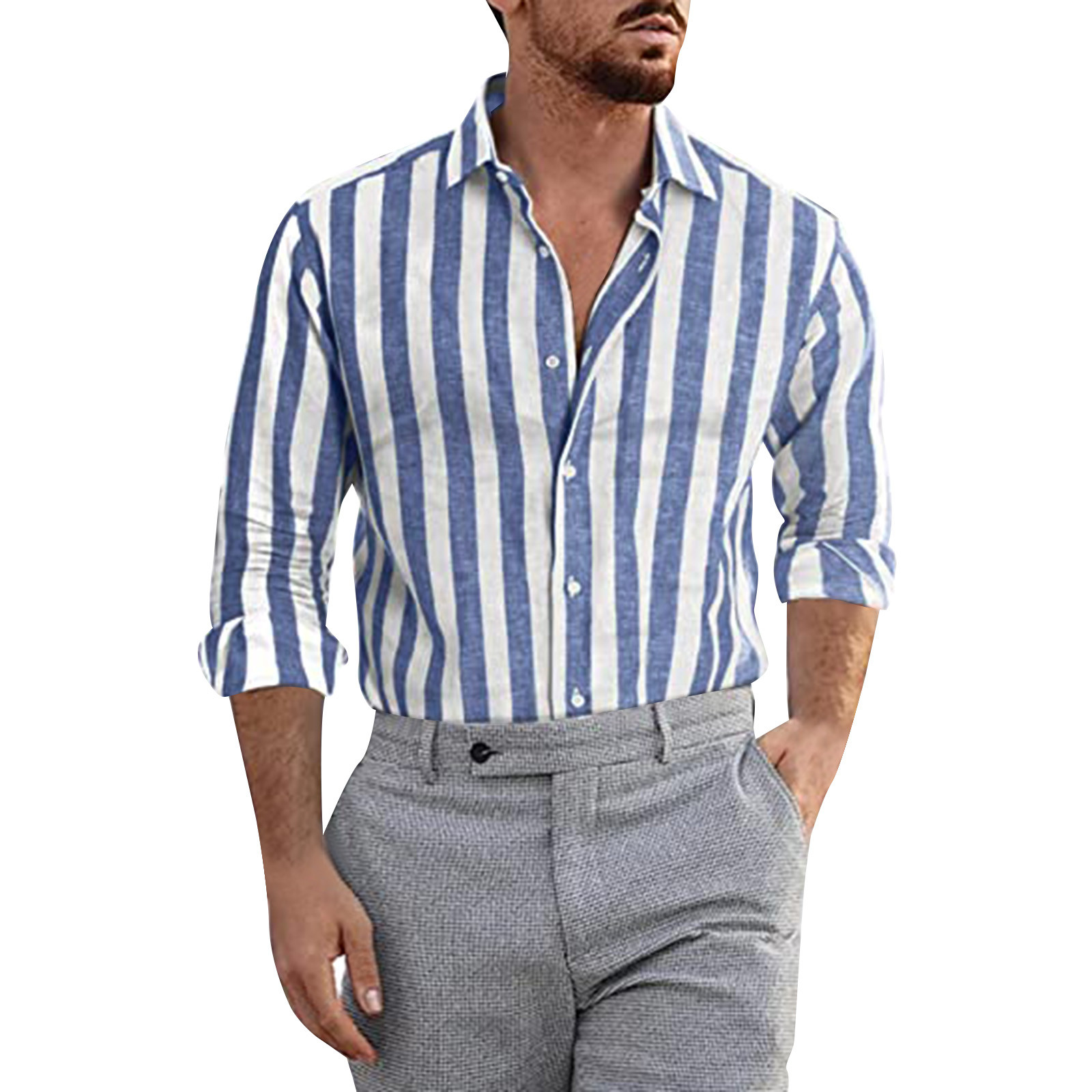 Men Fashion Casual Striped Print Cotton Linen Buckle Turn Down Collar Long Sleeve Shirt-Comfort & Reliable