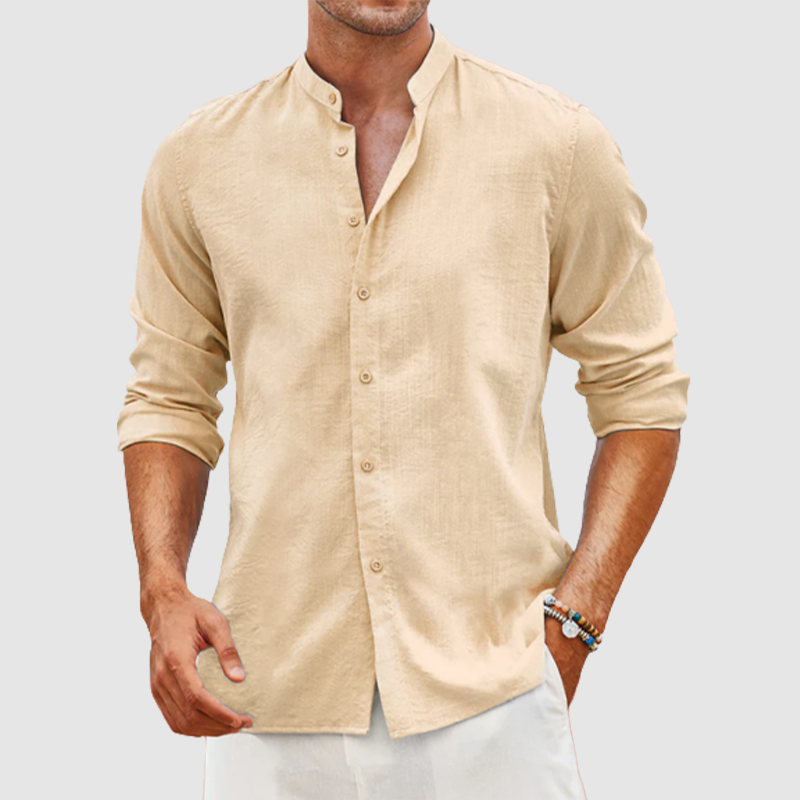 Men's linen cardigan solid color casual standing collar long sleeve shirt-Comfort & Reliable