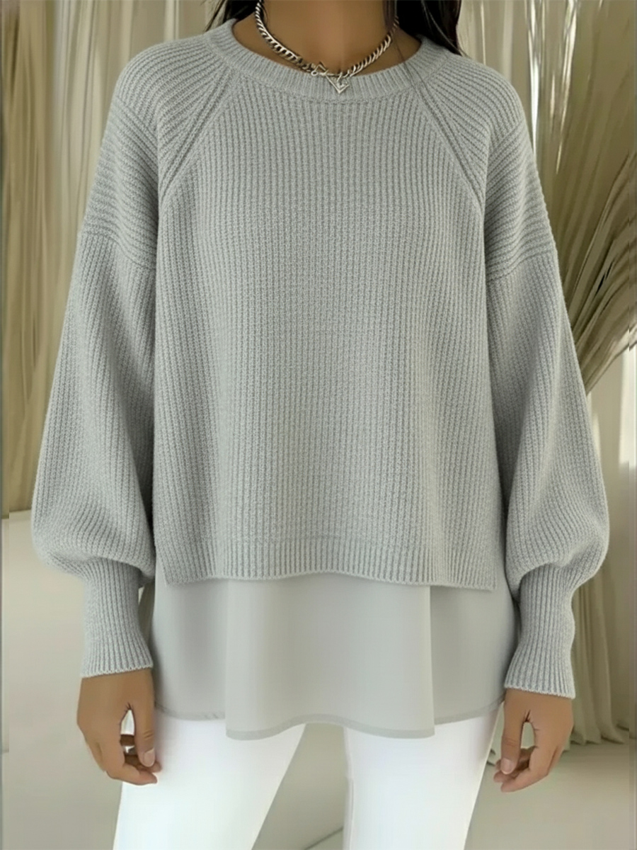 CLEARANCE SALE🔥 Women's Comfortable Patchwork Faux Two-piece Lantern Sleeve Sweater