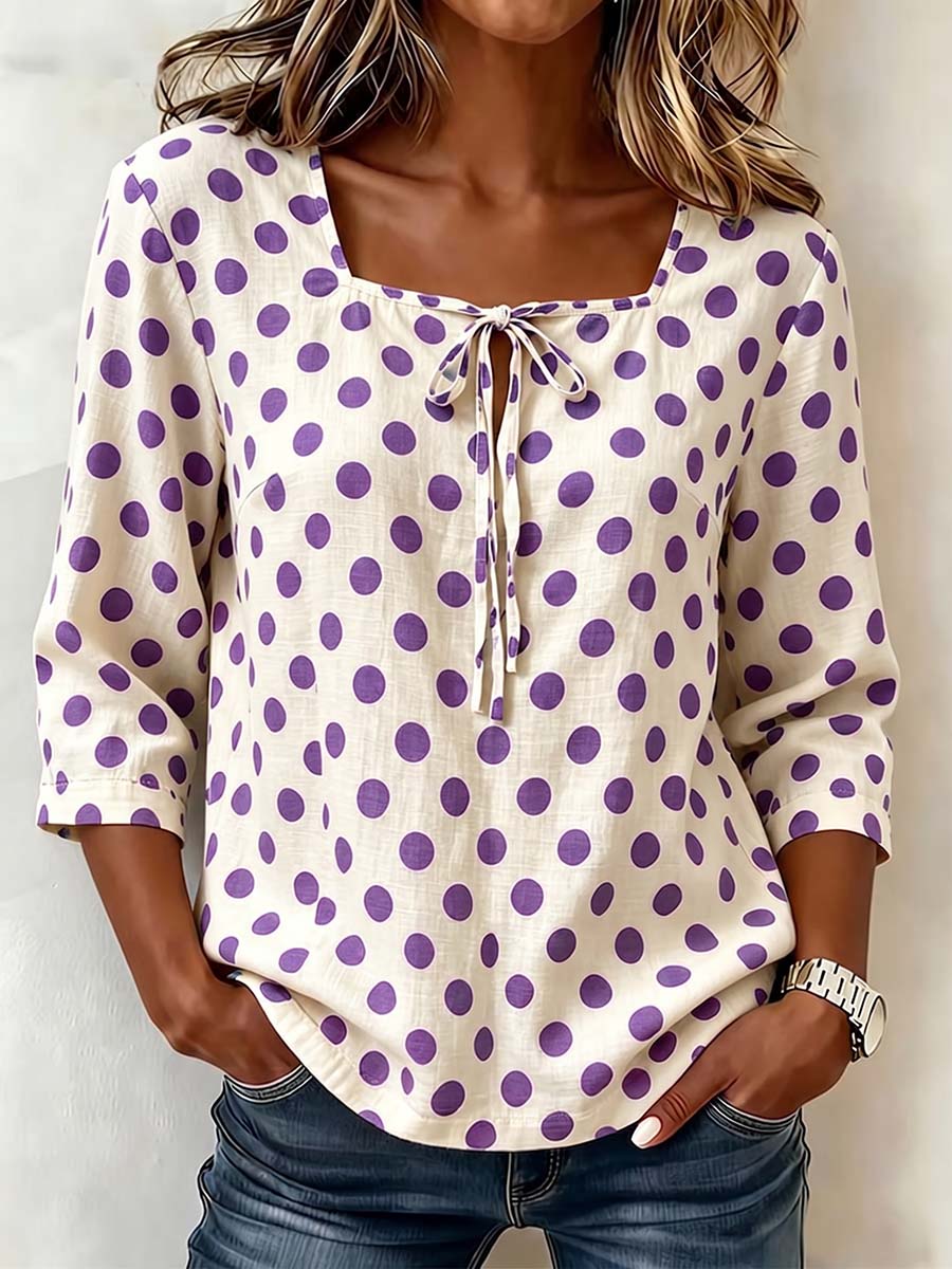 Women's Casual Loose Cotton-linen Top With Square Neck 3/4 Sleeves And Polka Dot Print