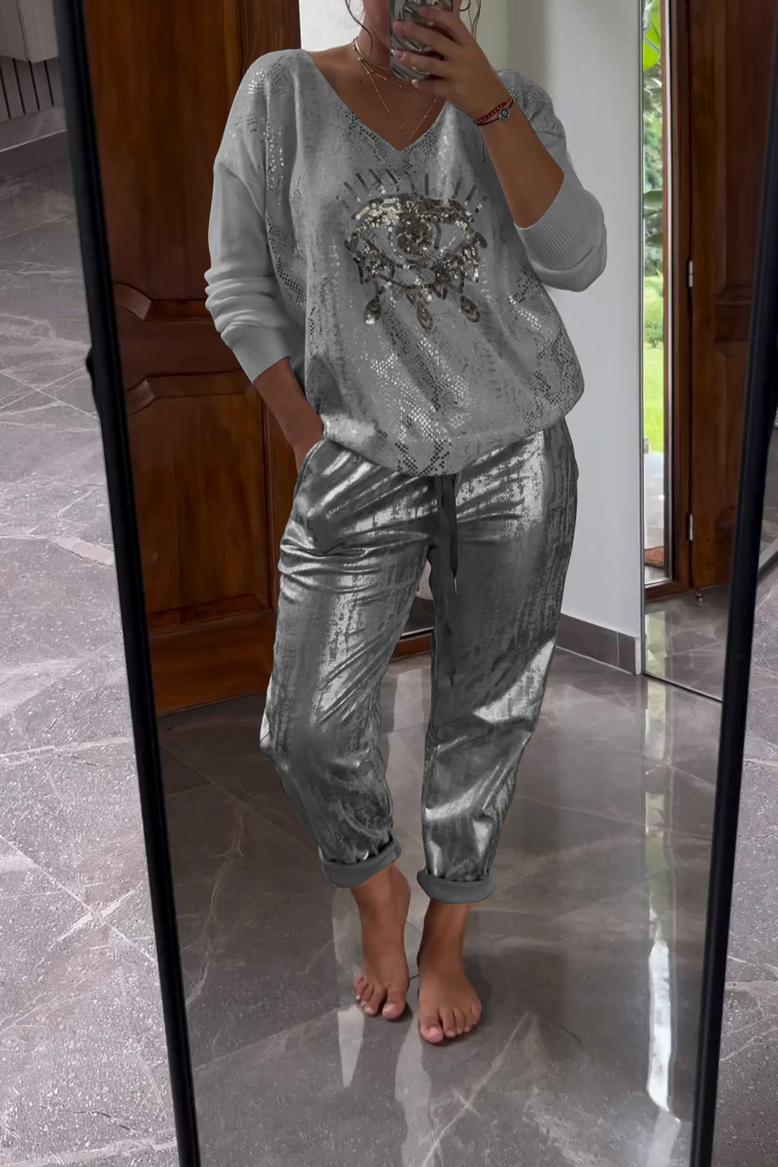 Fashionable Sequin Top And Bronzing Trousers Two-piece Set-Comfort & Reliable