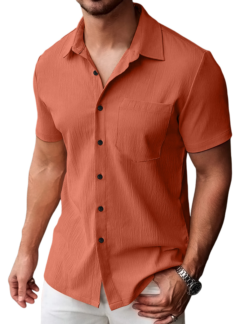 Men's Casual Pleated Solid Pocket Short Sleeve Shirt