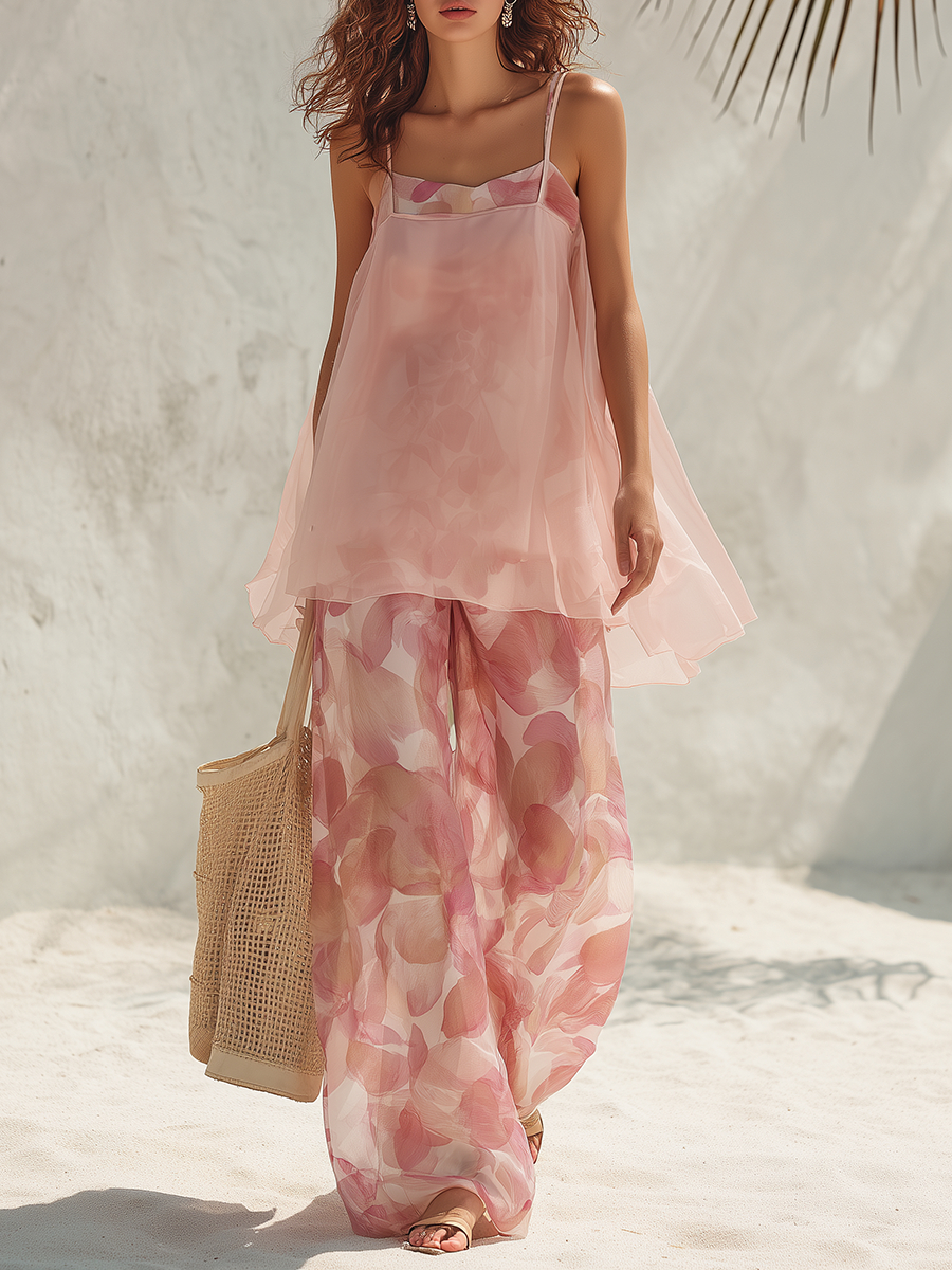 Pink Petal Print Sheer Organza Camisole Top & Wide Leg Pants Set