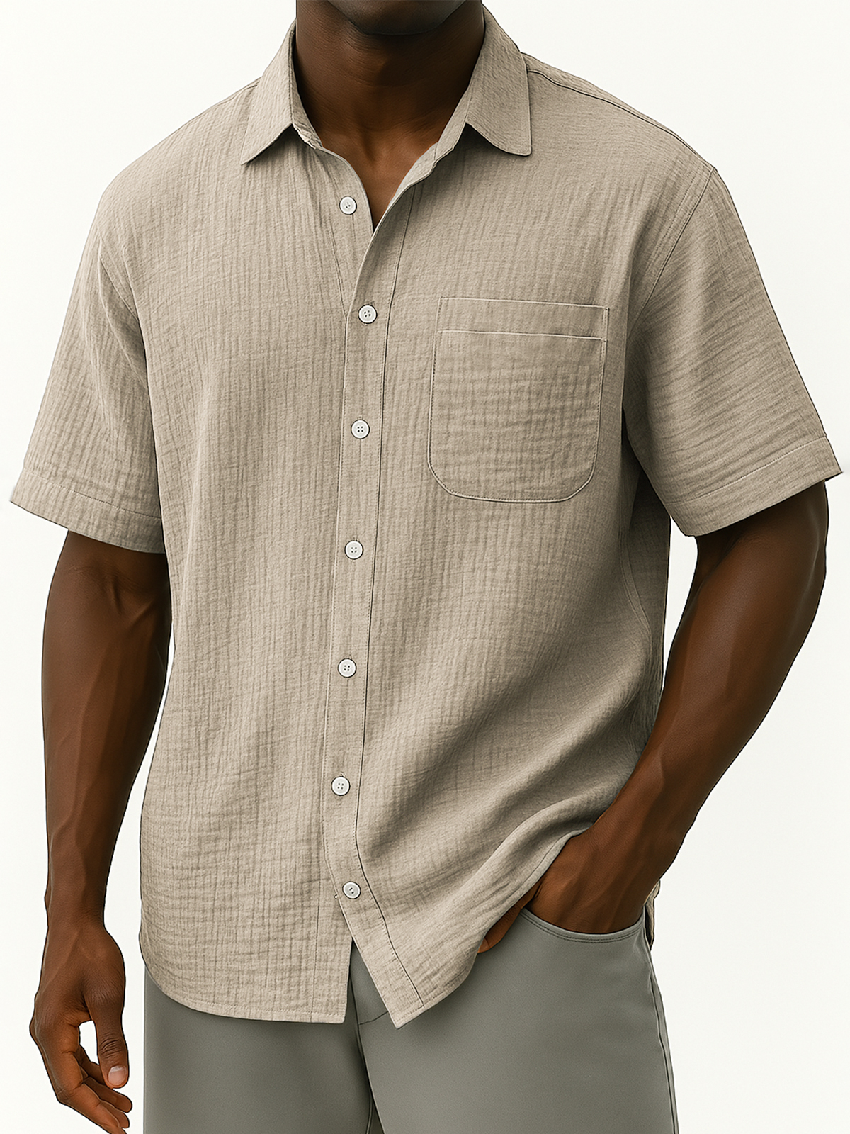 Men's Comfortable Crepe Loose Casual Vacation Short Sleeve Shirt with Chest Pocket