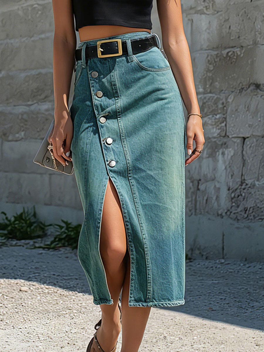 Women's High-waisted Casual Slim-fit Pencil Denim Skirt With Slit