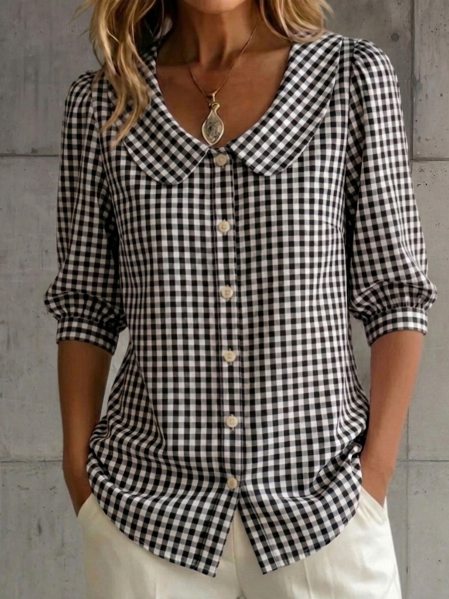 New Arrivals🔥 Women's Retro Peter Pan Collar Checkered Cotton Linen Shirt