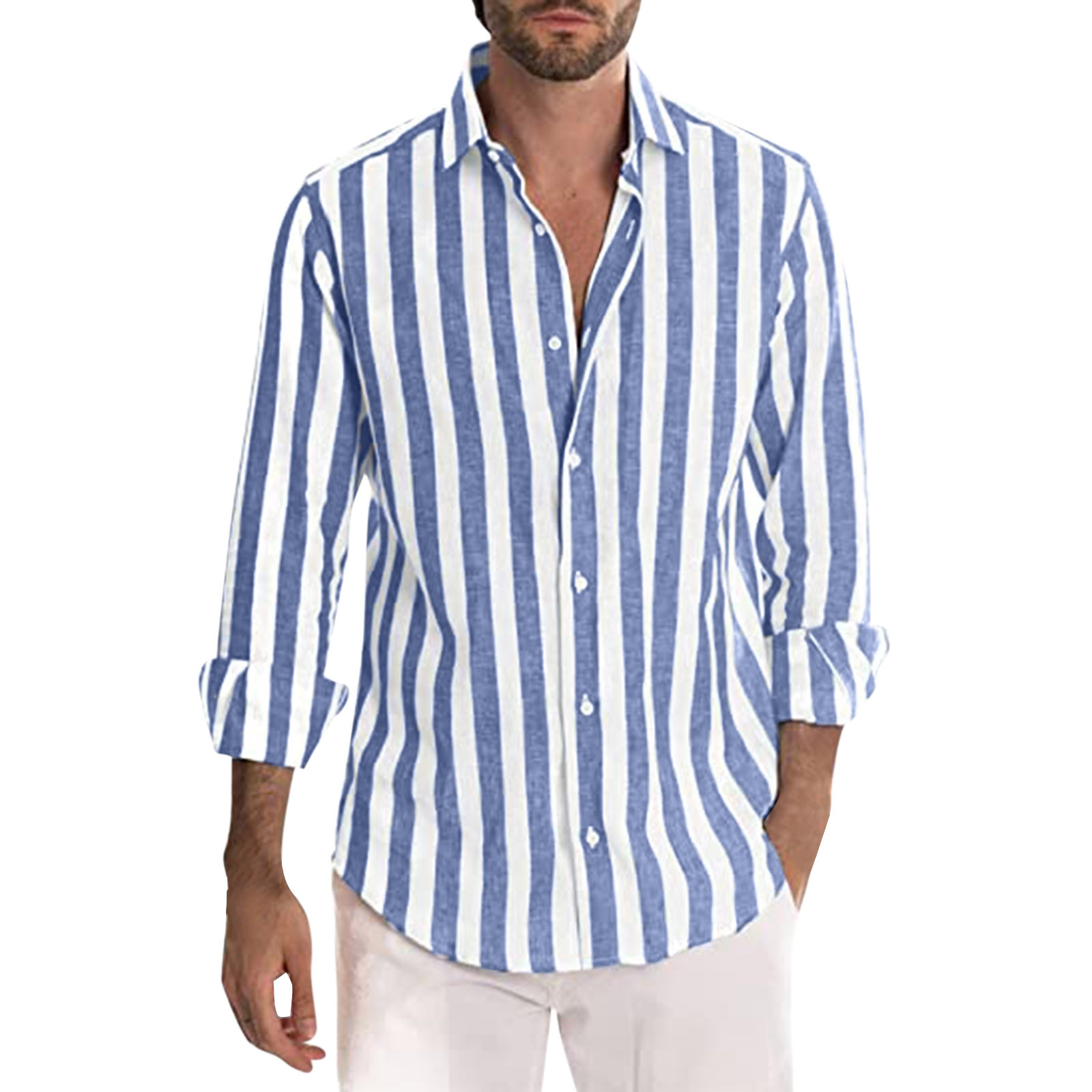 Men Fashion Casual Striped Print Cotton Linen Buckle Turn Down Collar Long Sleeve Shirt-Comfort & Reliable