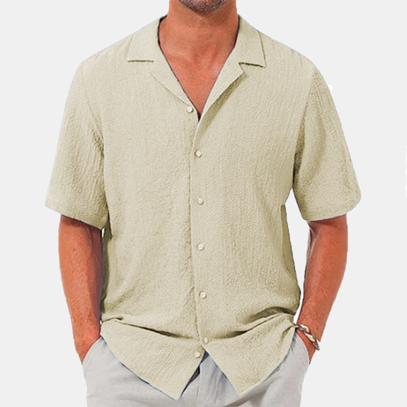 Men's lapel casual solid color short sleeve button linen shirt-Comfort & Reliable