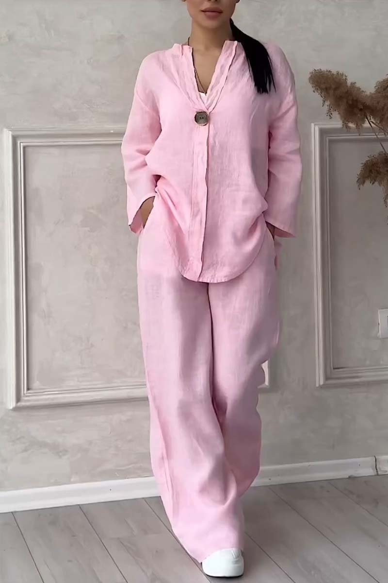 Casual button decorated cotton and linen two-piece set-Comfort & Reliable