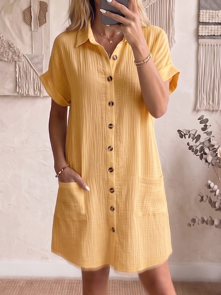 Cozy Lapel Button-front Cotton-linen Dress