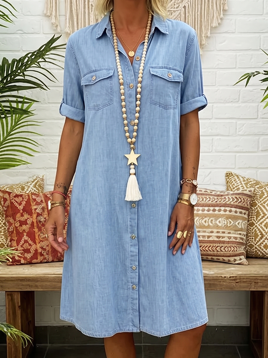Casual Polo-collar Button-down Denim Dress