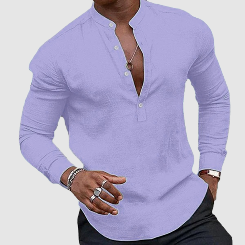 Men's casual plus-size top cotton linen loose stand-collar long sleeve shirt-Comfort & Reliable
