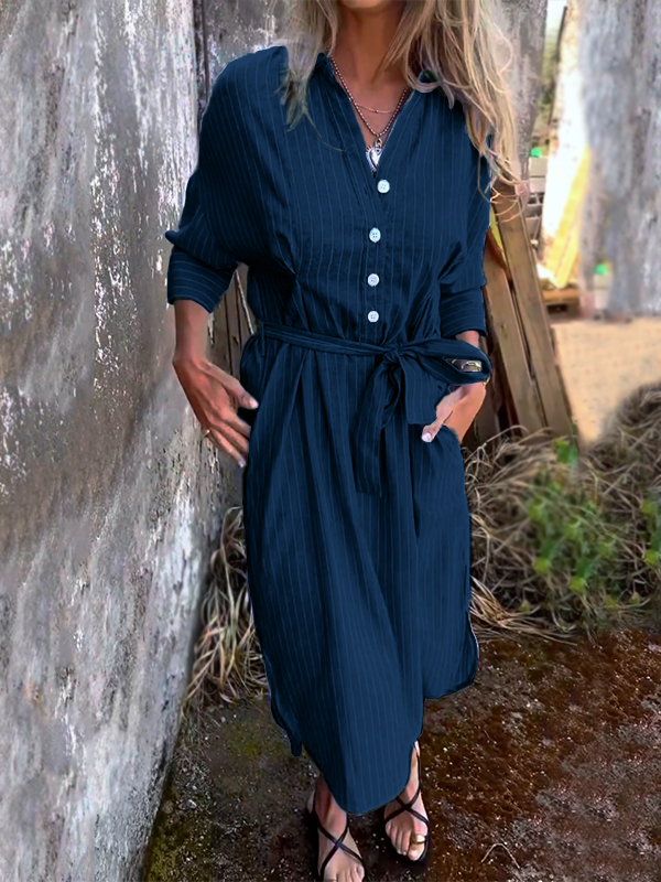 NEW🔥 Striped Lapel Button Down Belt Dress