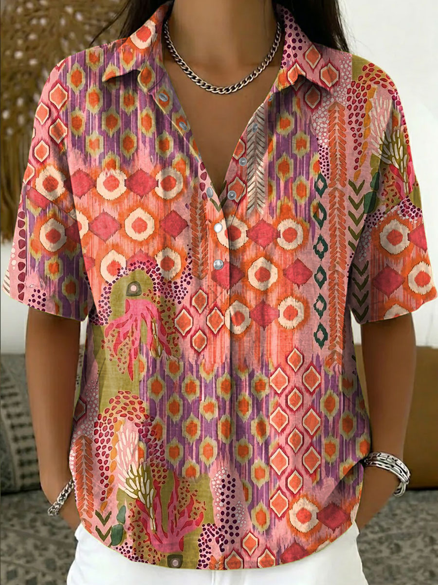 Women's Vintage Botanical Floral Casual Polo Collar Short-sleeved Linen And Cotton Shirt
