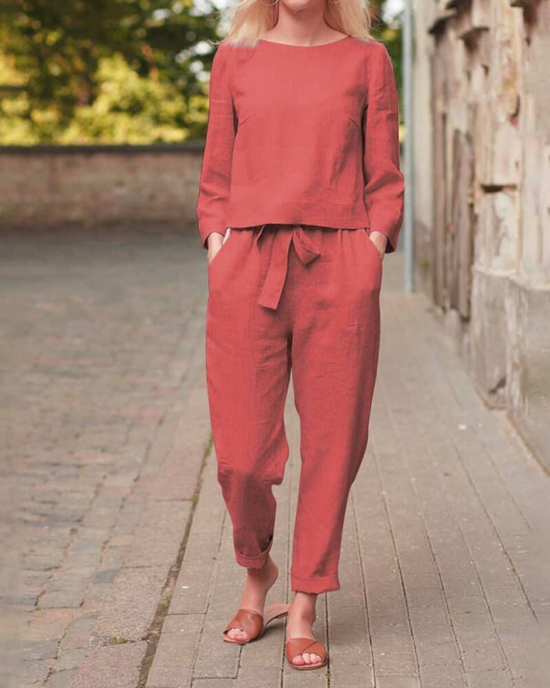 Round Neck Top and Drawstring Pants Two-piece Set-Comfort & Reliable