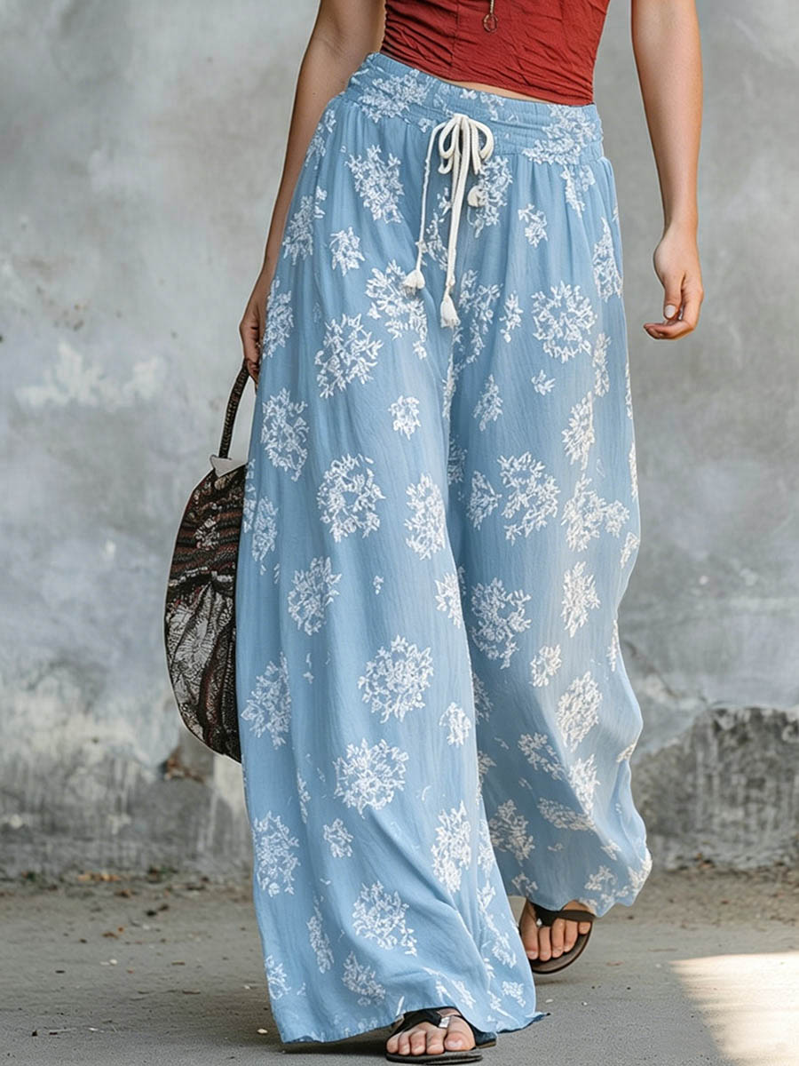 Women's Floral Print Cotton-linen Wide-leg Pants With Elastic Waist