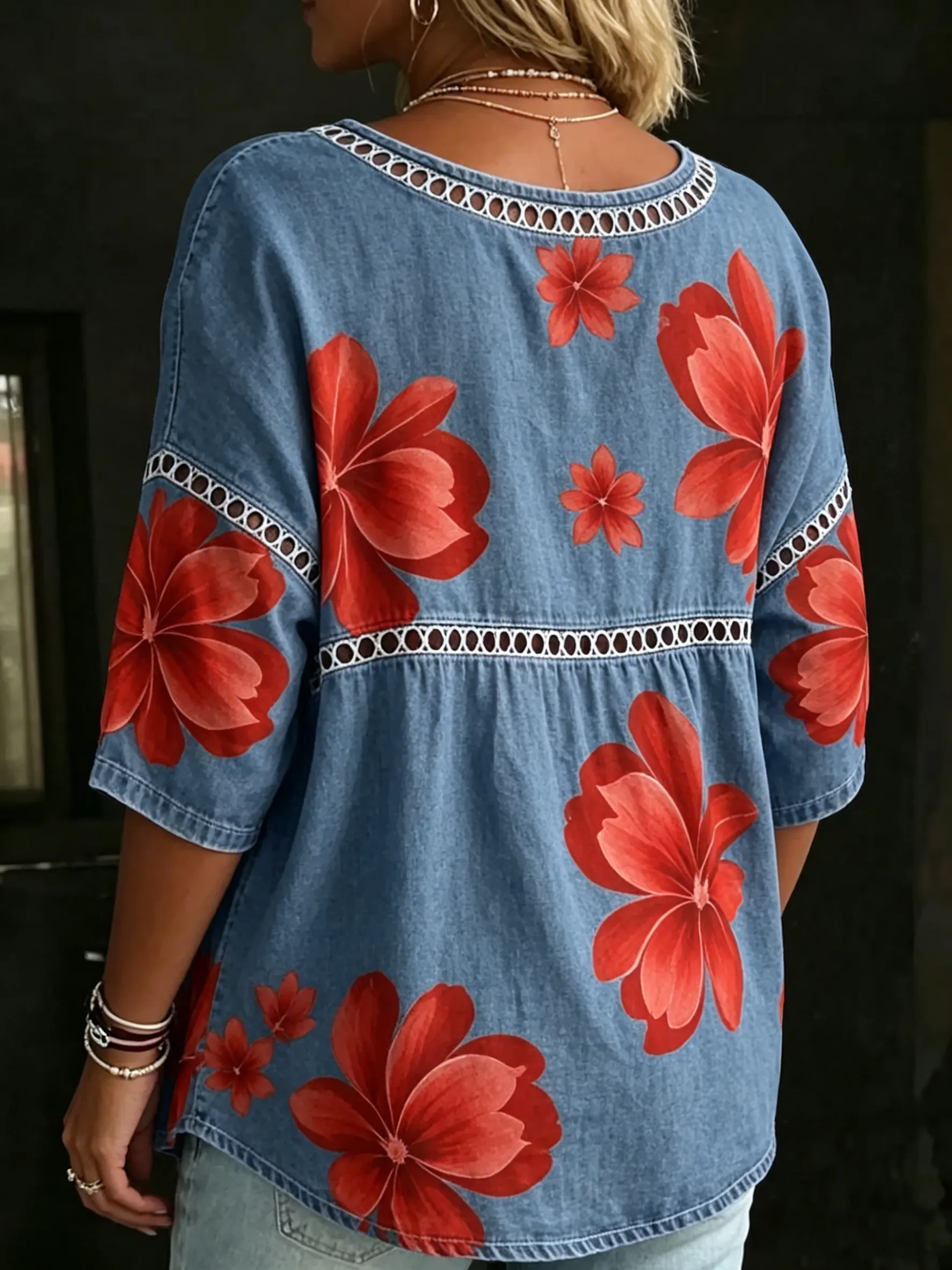 Women's Vintage Red Floral Casual Loose Denim Blouse Shirt