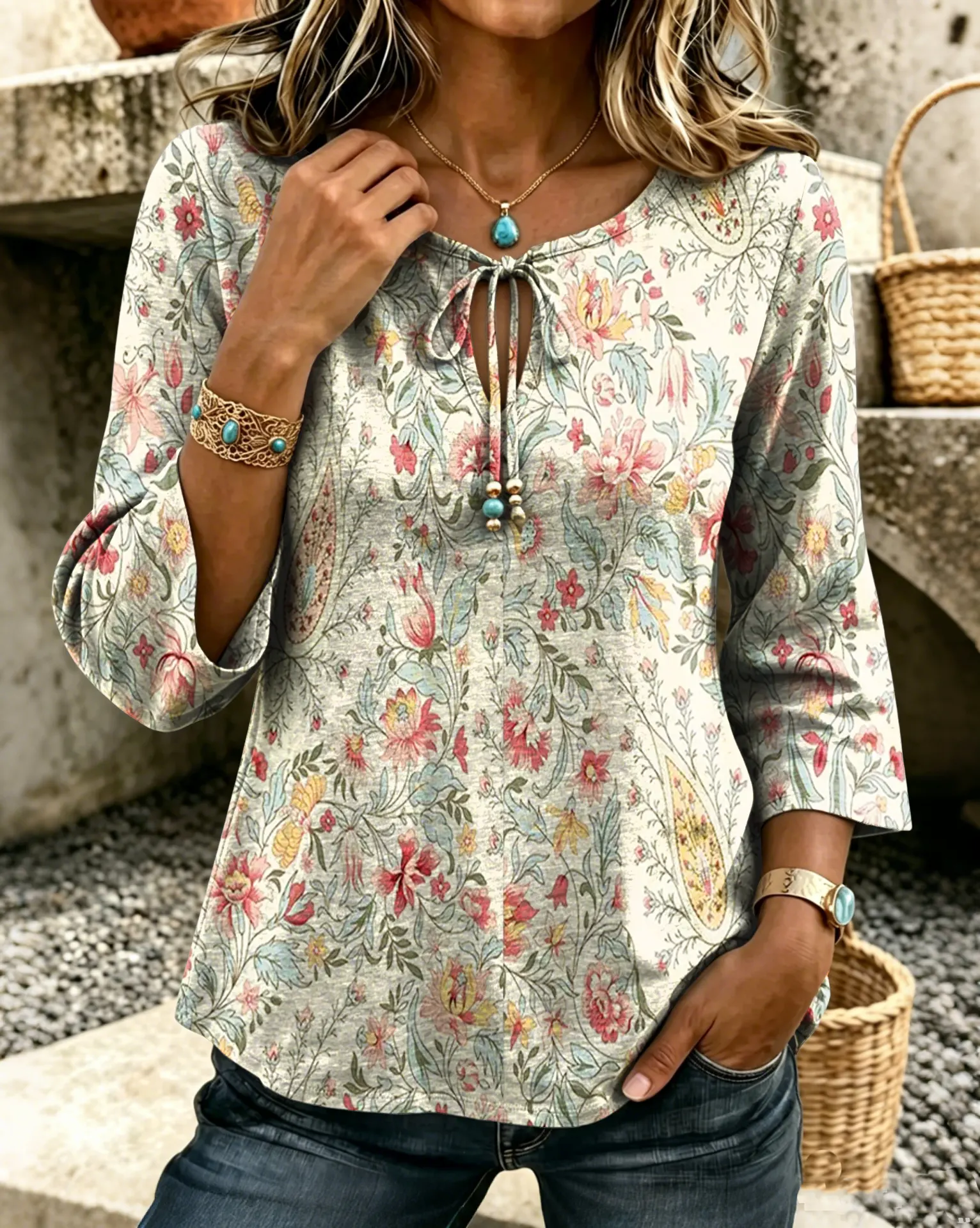 Women's Vintage Paisley Floral Print Casual Bow-knot Tie Shirt