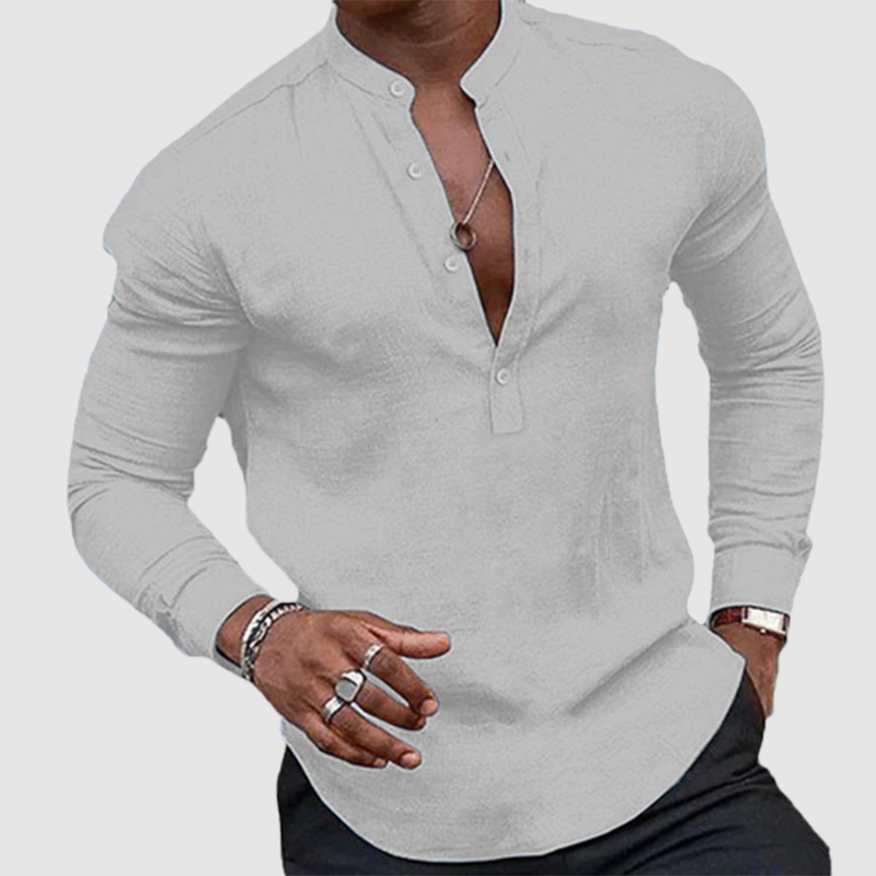 Men's casual plus-size top cotton linen loose stand-collar long sleeve shirt-Comfort & Reliable