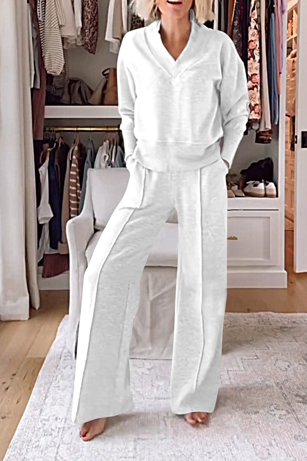 Women's Solid Color V-neck Top & Pants Two-piece Set-Comfort & Reliable