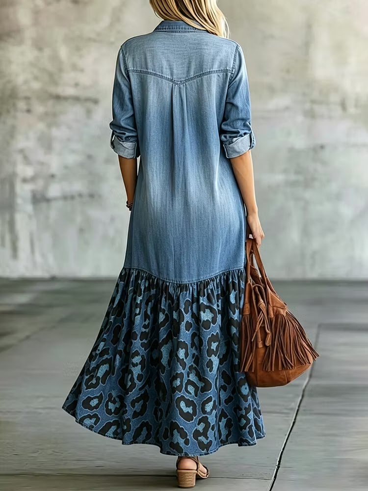 Loose-fit Casual Denim Dress With Leopard Print Paneling