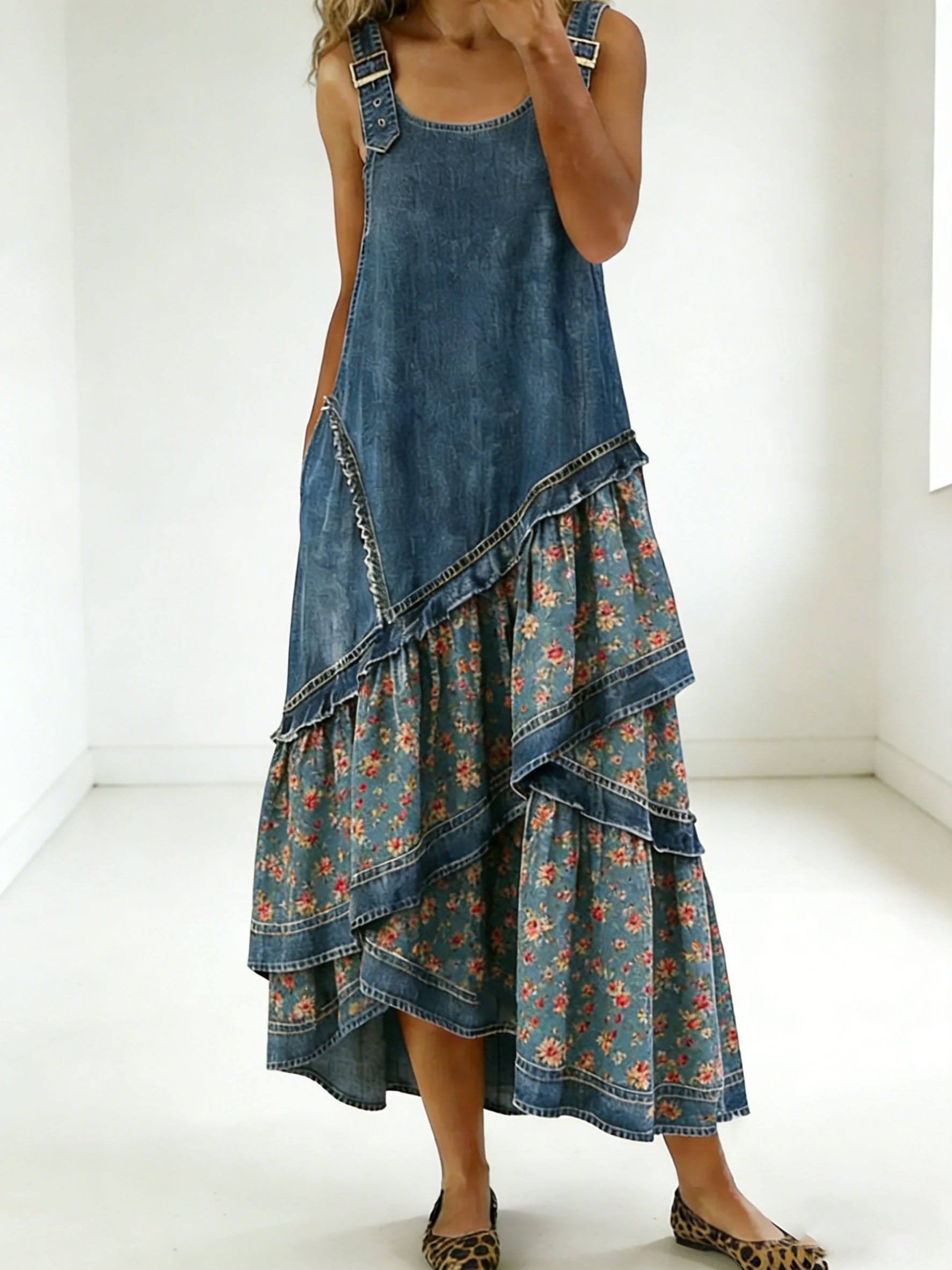 Women's Fashion Floral Denim Design Sleeveless Multi-layered Ruffled Strap Dress