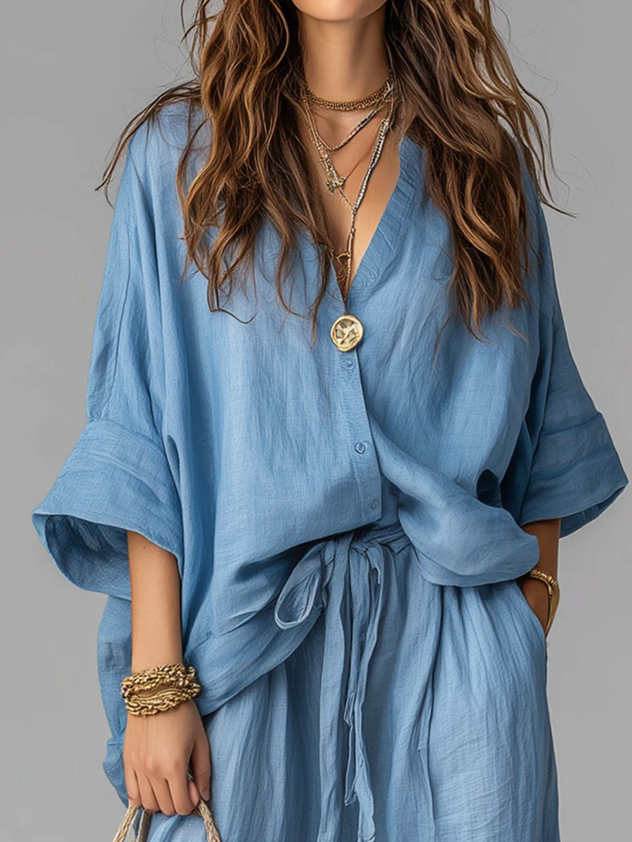 Women's Solid Color Art Stylish Casual Top And Pants Cotton Linen Two-Piece Set