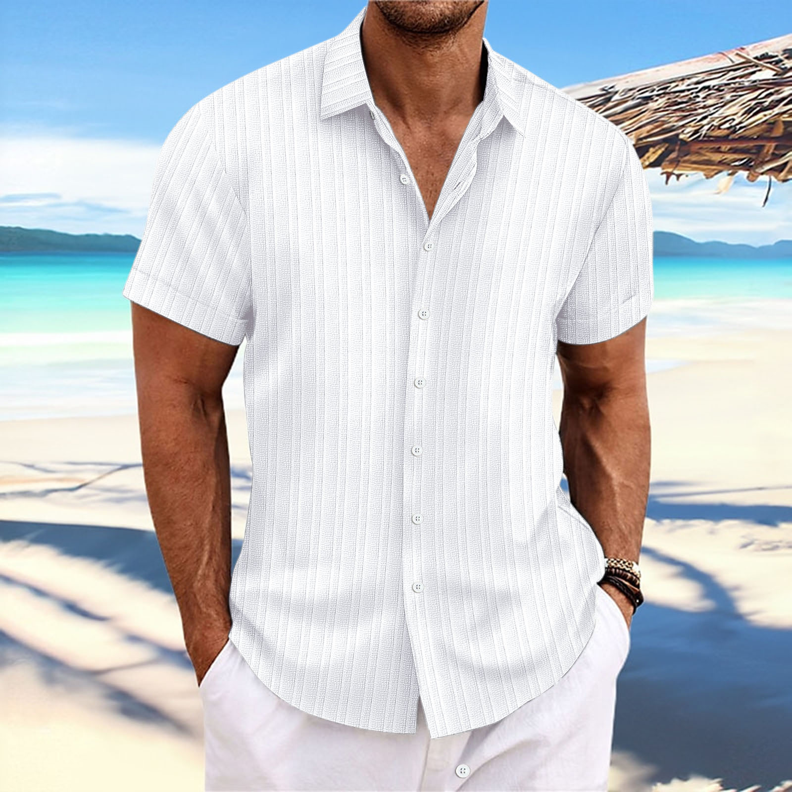Men's cotton and linen striped jacquard casual loose short-sleeved shirt-Comfort & Reliable