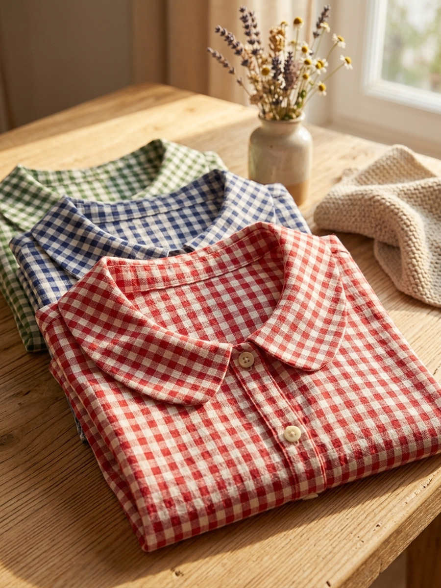 New Arrivals🔥 Women's Retro Peter Pan Collar Checkered Cotton Linen Shirt