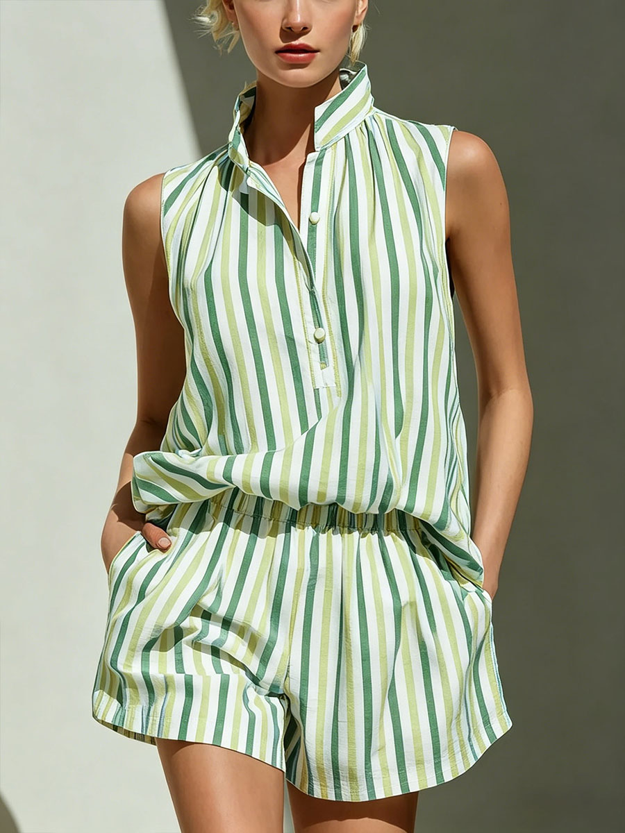 Women's Simple & Stylish Sleeveless Stand-collar Striped Vest And Casual Vacation Shorts Two-piece Set