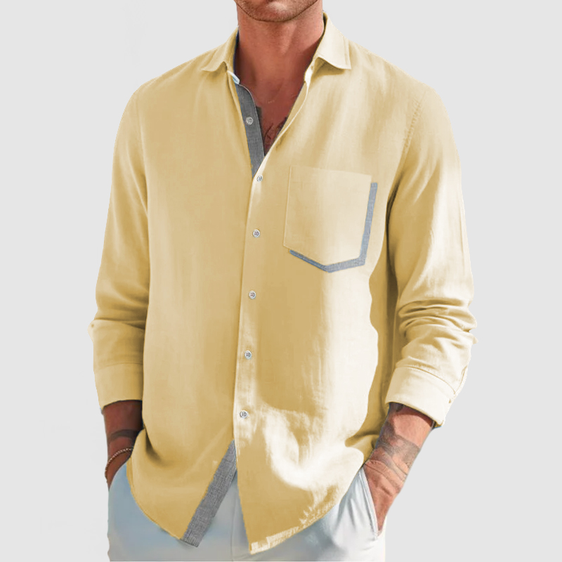 Men's Classic Color Block Patchwork Cotton Linen Shirt-Comfort & Reliable