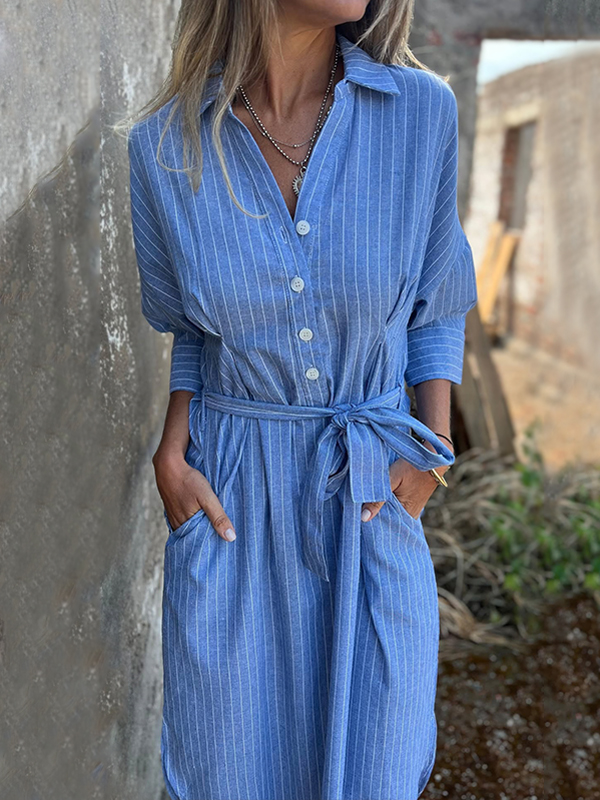 NEW🔥 Striped Lapel Button Down Belt Dress