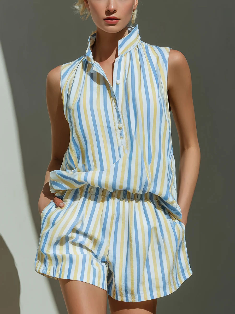 Women's Simple & Stylish Sleeveless Stand-collar Striped Vest And Casual Vacation Shorts Two-piece Set