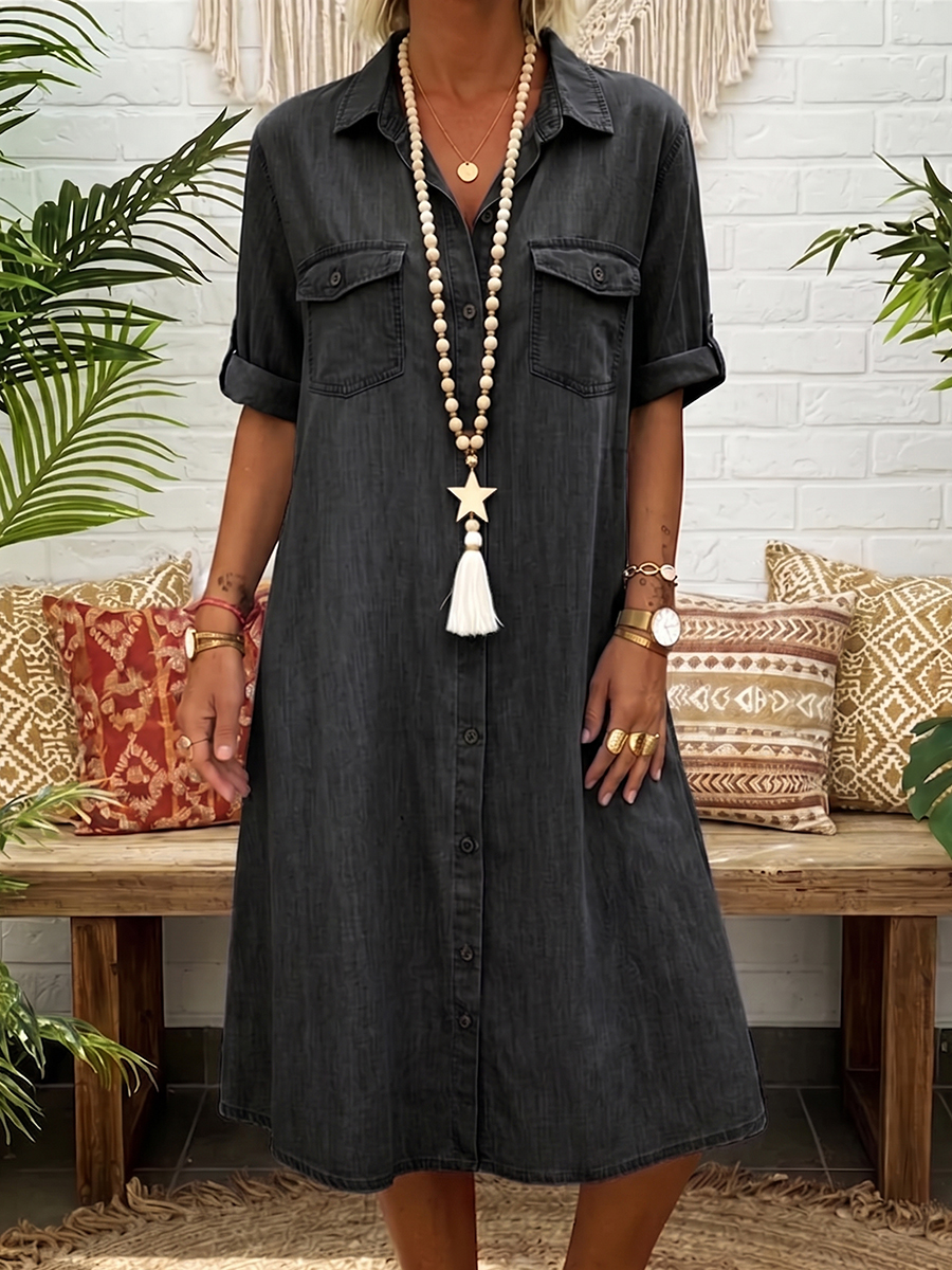 Casual Polo-collar Button-down Denim Dress
