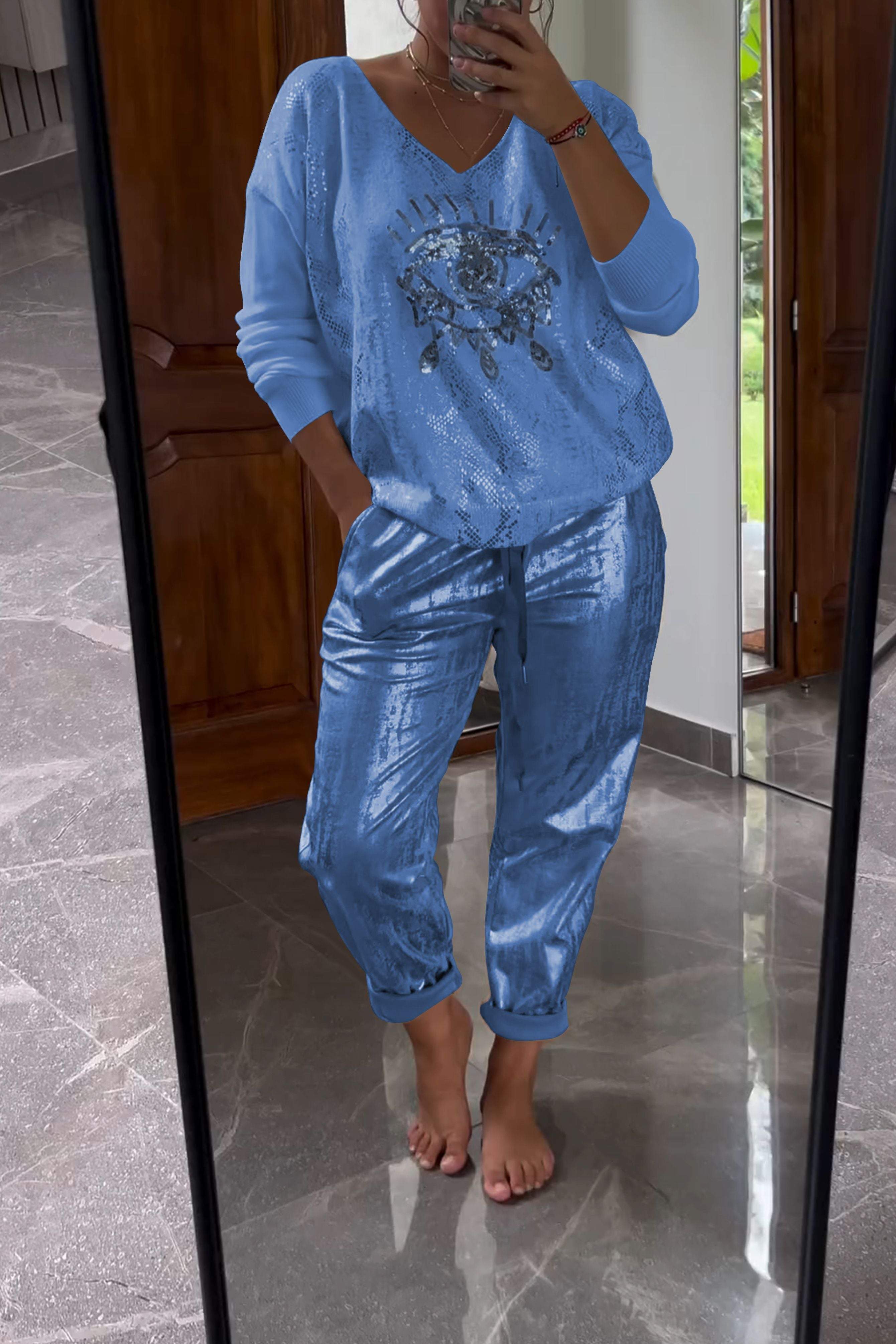 Fashionable Sequin Top And Bronzing Trousers Two-piece Set-Comfort & Reliable