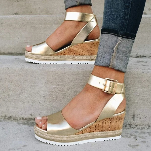 Womens High Heels Buckle Ankle Strap Flatform Wedge Leather Sandals-Comfort & Reliable