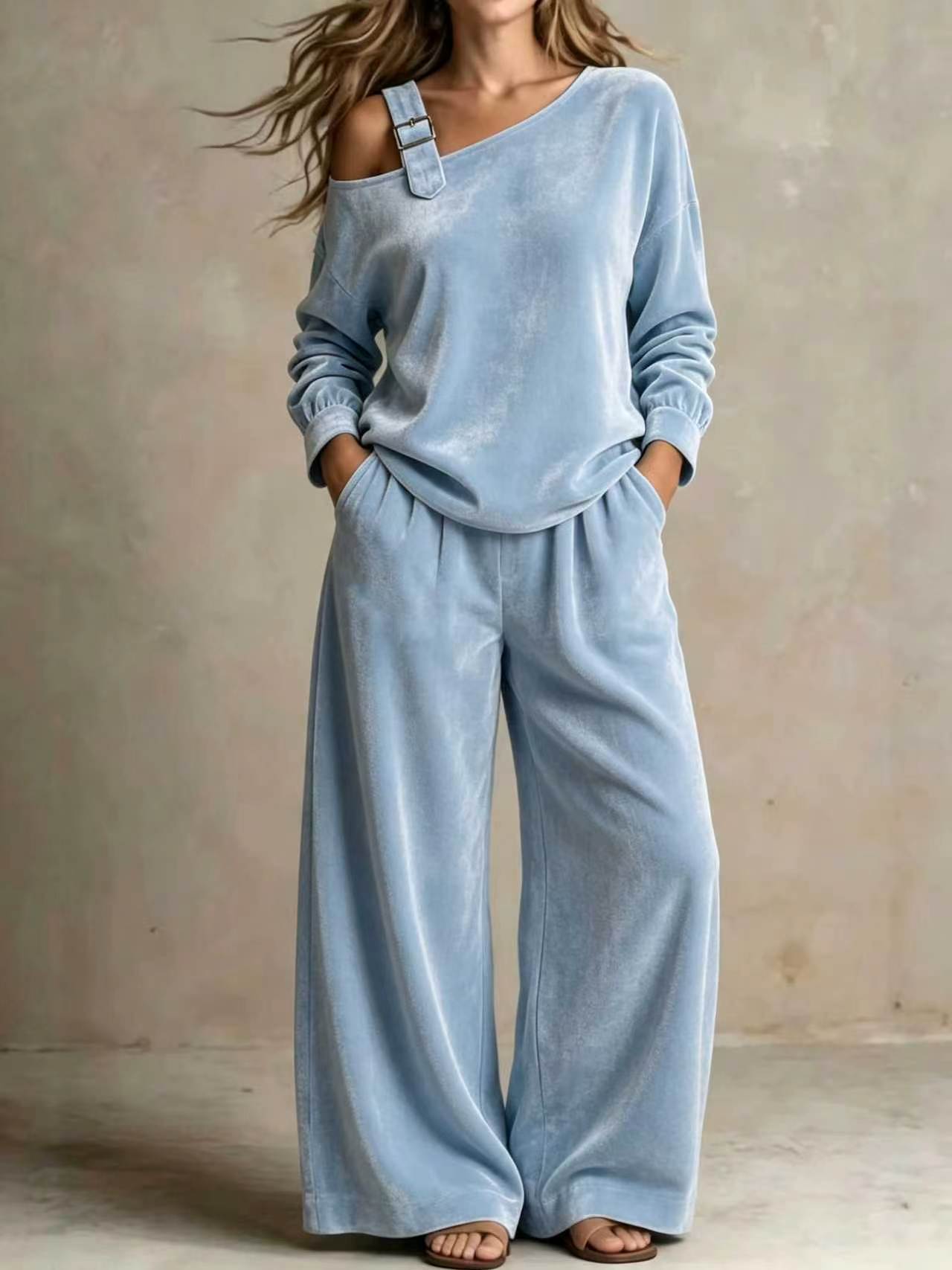Women’s Velvet One-Shoulder Wide-Leg Two-Piece Set