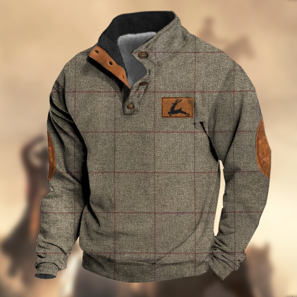 Men's Vintage Country Western Hunting Elk Earthy Navy Taupe Wool Plaid Print Stand Collar Sweatshirt-Comfort & Reliable