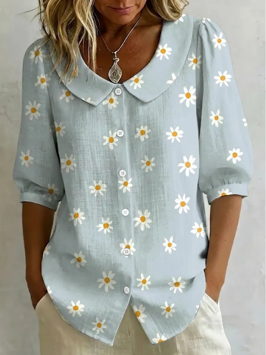 Women's Little Daisy Flower Print Cotton Linen Top