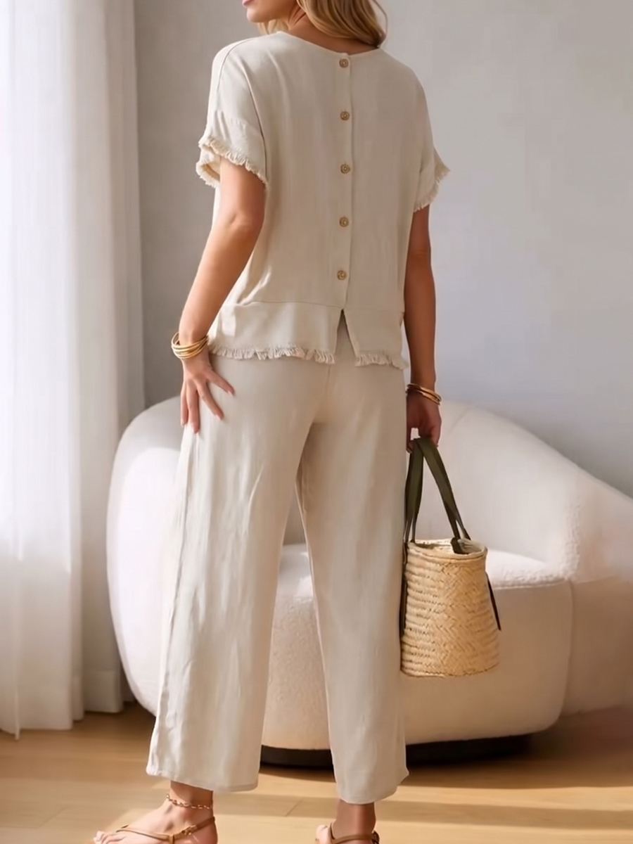 Casual & Cozy Fringe-trimmed Set With Back Buttons