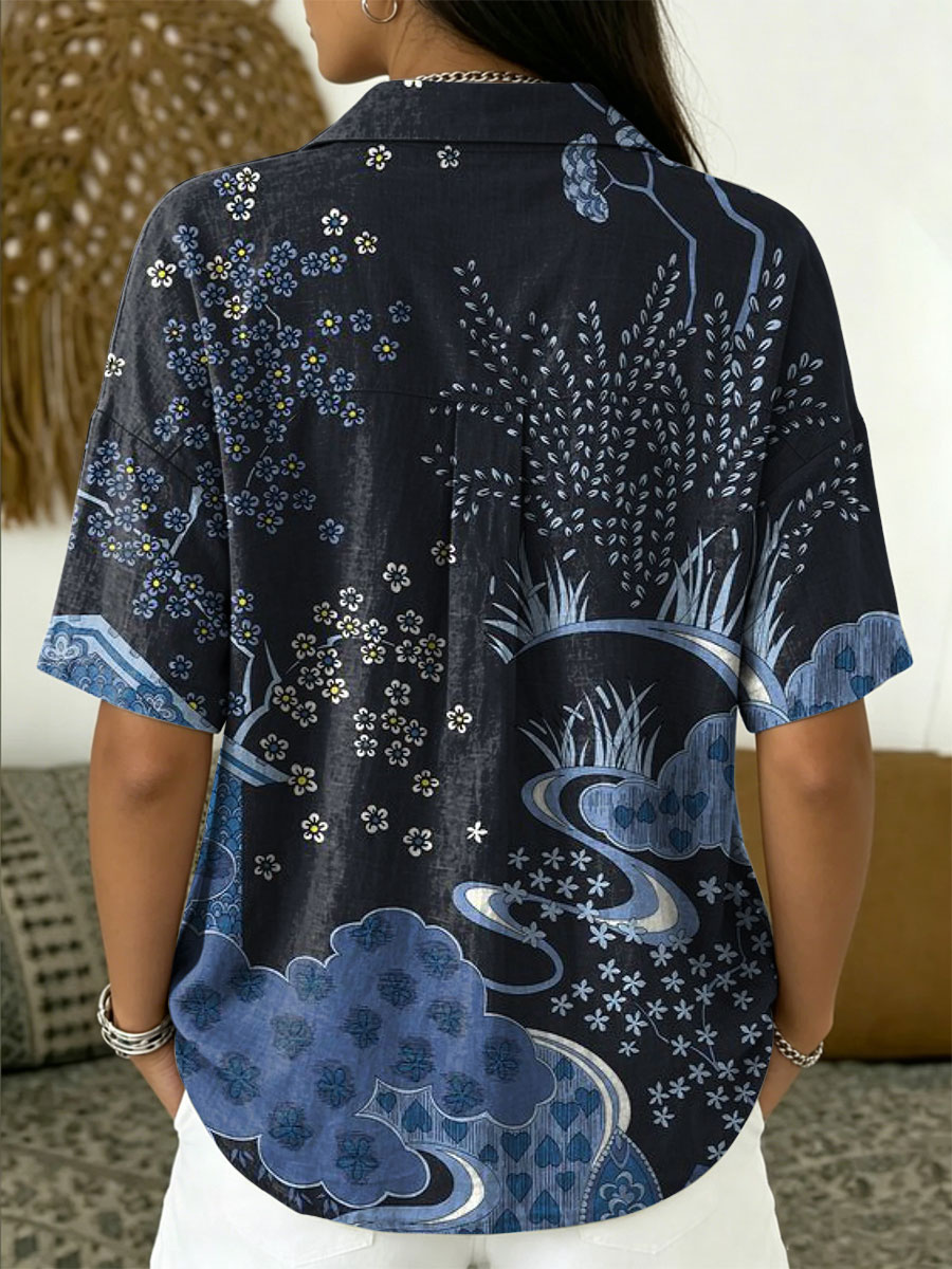 Women's Vintage Botanical Floral Casual Polo Collar Short-sleeved Linen And Cotton Shirt